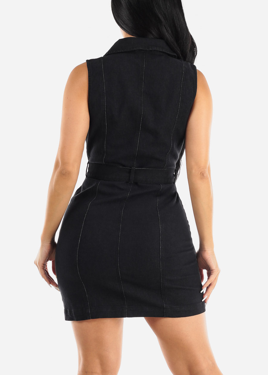 Sleeveless Zip Up Black Denim Mini Dress W Belt
