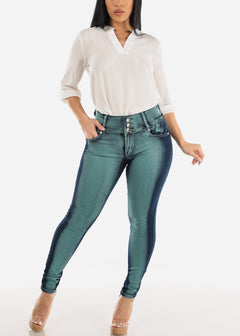 High Waisted Butt Lifting Acid Wash Skinny Jeans Teal