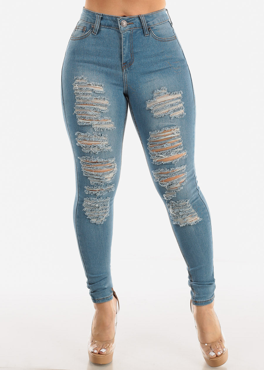 Butt Lifting Distressed Mid Rise Light Skinny Jeans