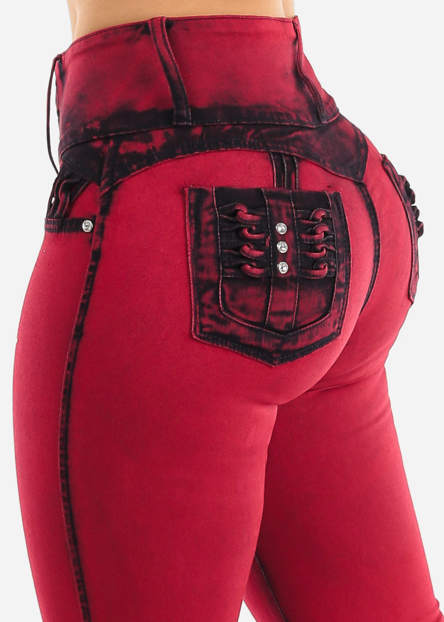 High Waist Butt Lift Levanta Cola Red Jeggings – Moda Xpress