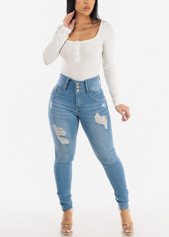 Super High Waisted Distressed Light Blue Skinny Jeans