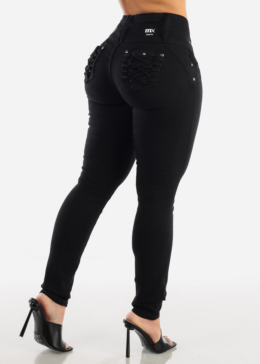 Black Butt Lift Levanta Cola Braided Pocket Skinny Jeans