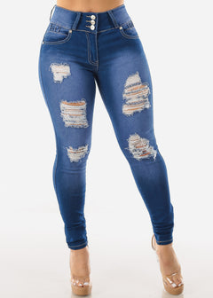 Distressed High Waist Levantacola Skinny Jeans Blue Wash
