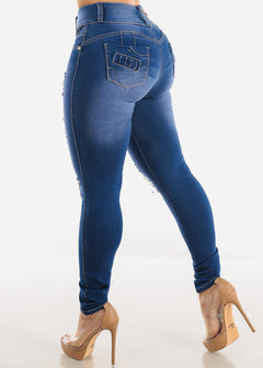Distressed High Waist Levantacola Skinny Jeans Blue Wash