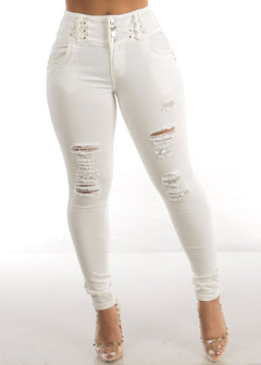 Levantacola High Waisted Butt Lifting Distressed White Skinny Jeans