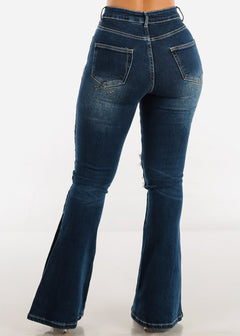 High Waisted Distressed Flared Jeans Dark Blue
