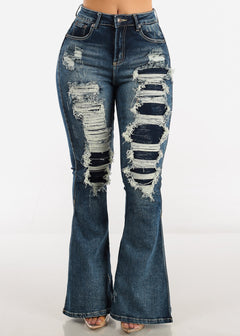 High Waisted Distressed Flared Jeans Dark Blue