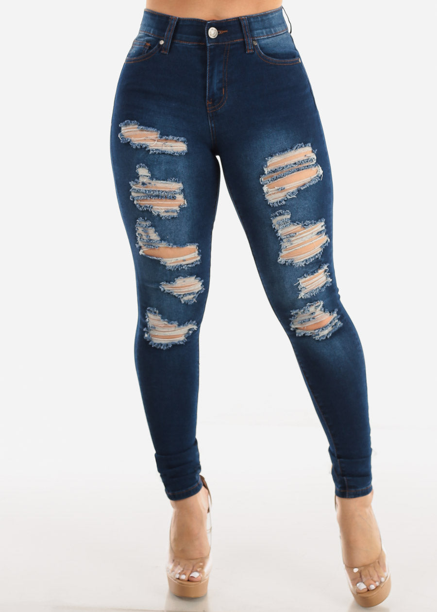 Mid Rise Distressed Dark Stretchy Skinny Jeans