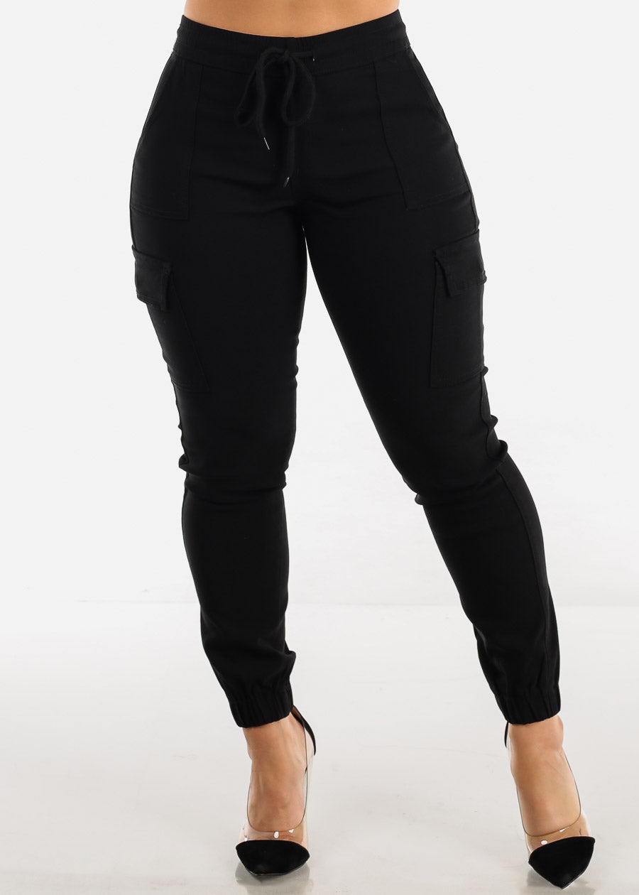 Women\'s Super Stretchy Cargo – Black Xpress Pants - Moda Jogger High Cargo Rise Joggers