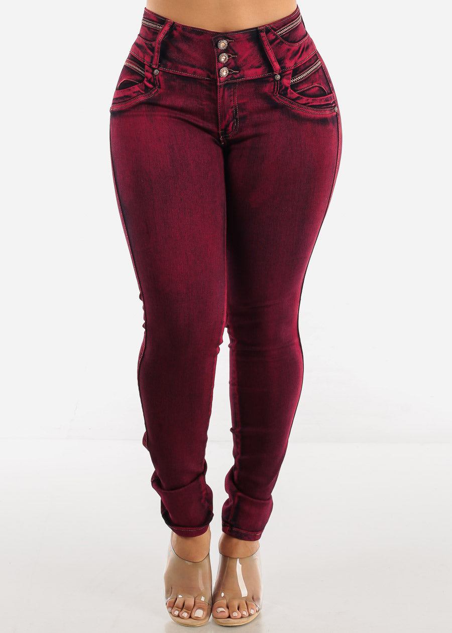 MX JEANS Butt Lifting Burgundy Acid Wash Skinny Jeans