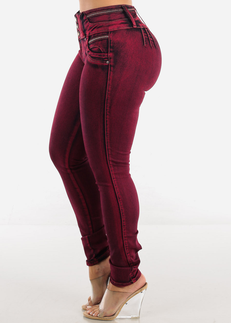 MX JEANS Butt Lifting Burgundy Acid Wash Skinny Jeans