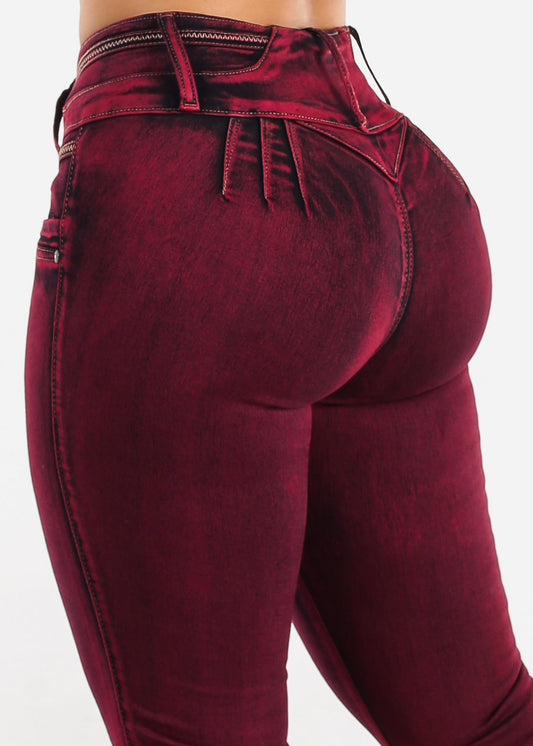 MX JEANS Butt Lifting Burgundy Acid Wash Skinny Jeans