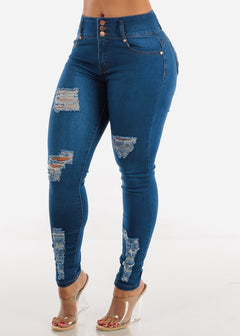 Ripped Levanta Cola Skinny Jeans Med Blue w Braided Pockets