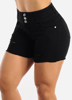 Black Butt Lifting Distressed Denim Shorts w Raw hem