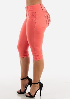 MX JEANS Butt Lifting Braided Pockets Coral Capris