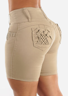 MX JEANS Khaki Butt Lift Mid Thigh Shorts