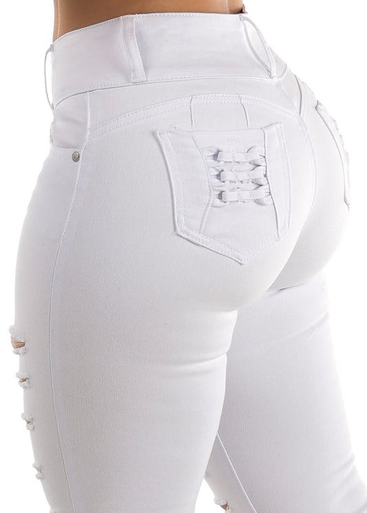 Butt Lifting White Distressed Skinny Jeans