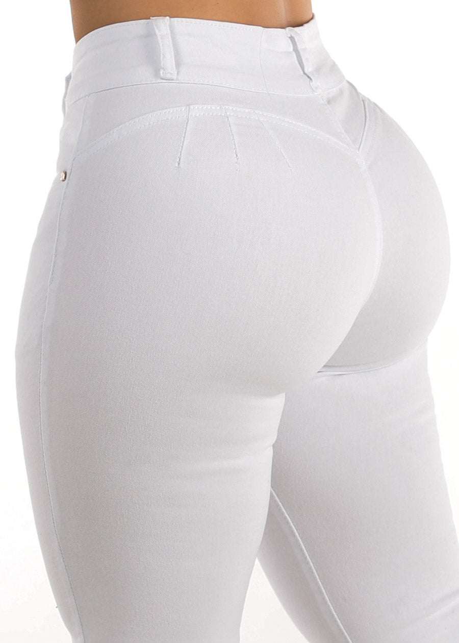 High Waist White Butt Lifting 3 Button Skinny Jeans
