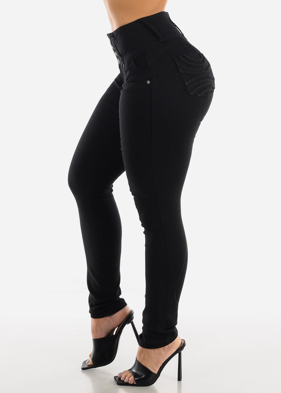 Black Butt Lifting High Waisted Skinny Jeans with Pockets