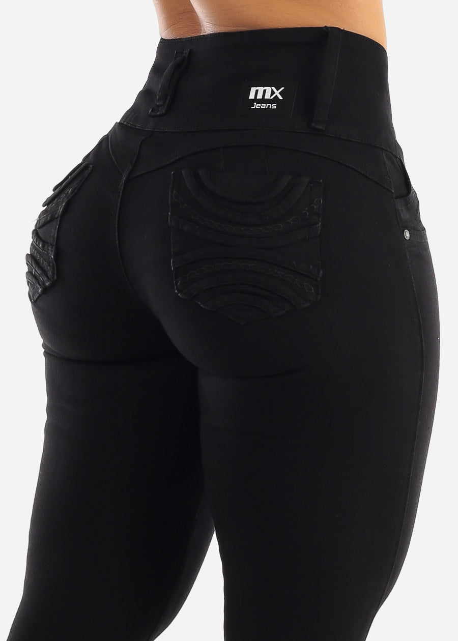 Black Butt Lifting High Waisted Skinny Jeans with Pockets