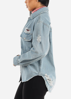 Distressed Snap Button Jean Shacket Light Blue