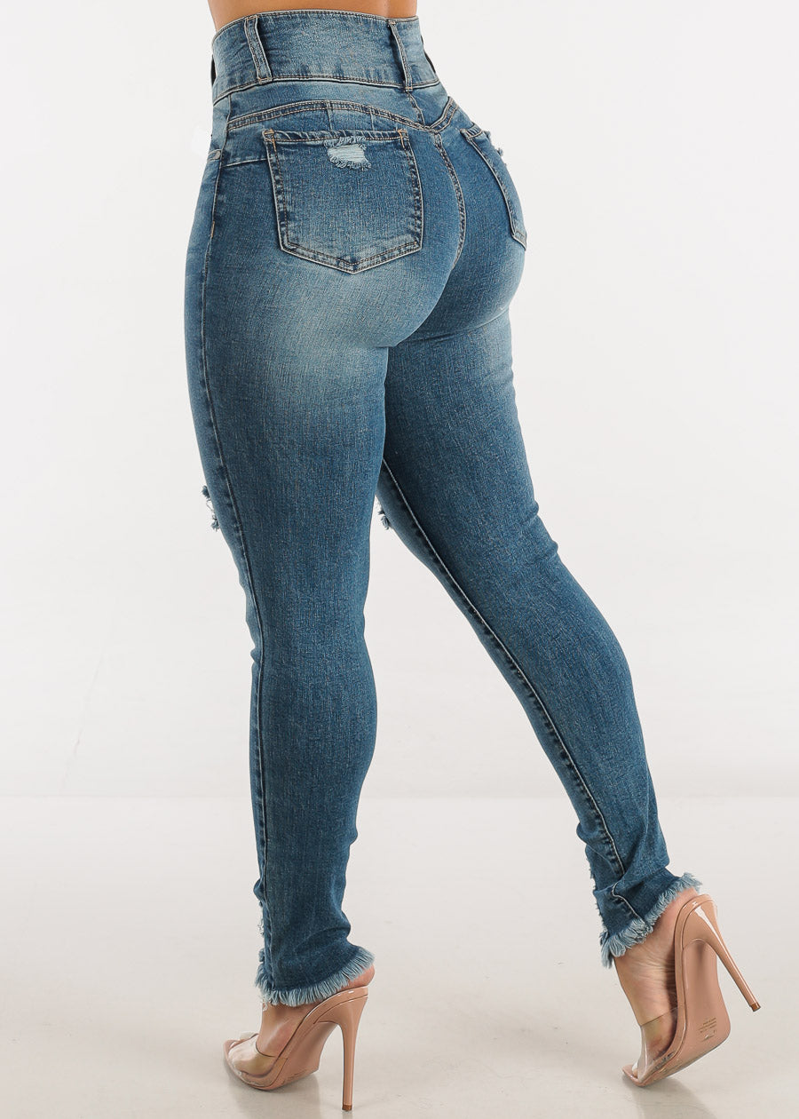 Butt Lift Super High Waist Distressed Skinny Jeans Med Blue
