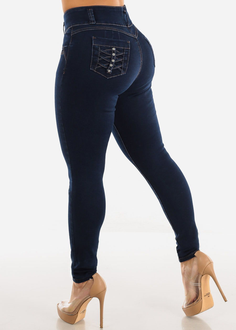 High Waist Butt Lifting Dark Blue Skinny Jeans