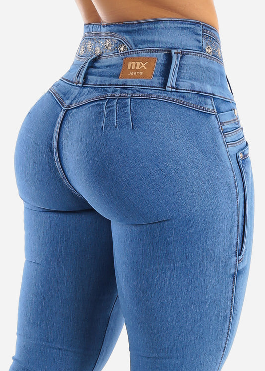 High Waisted Butt Lifting 4 Button Skinny Jeans