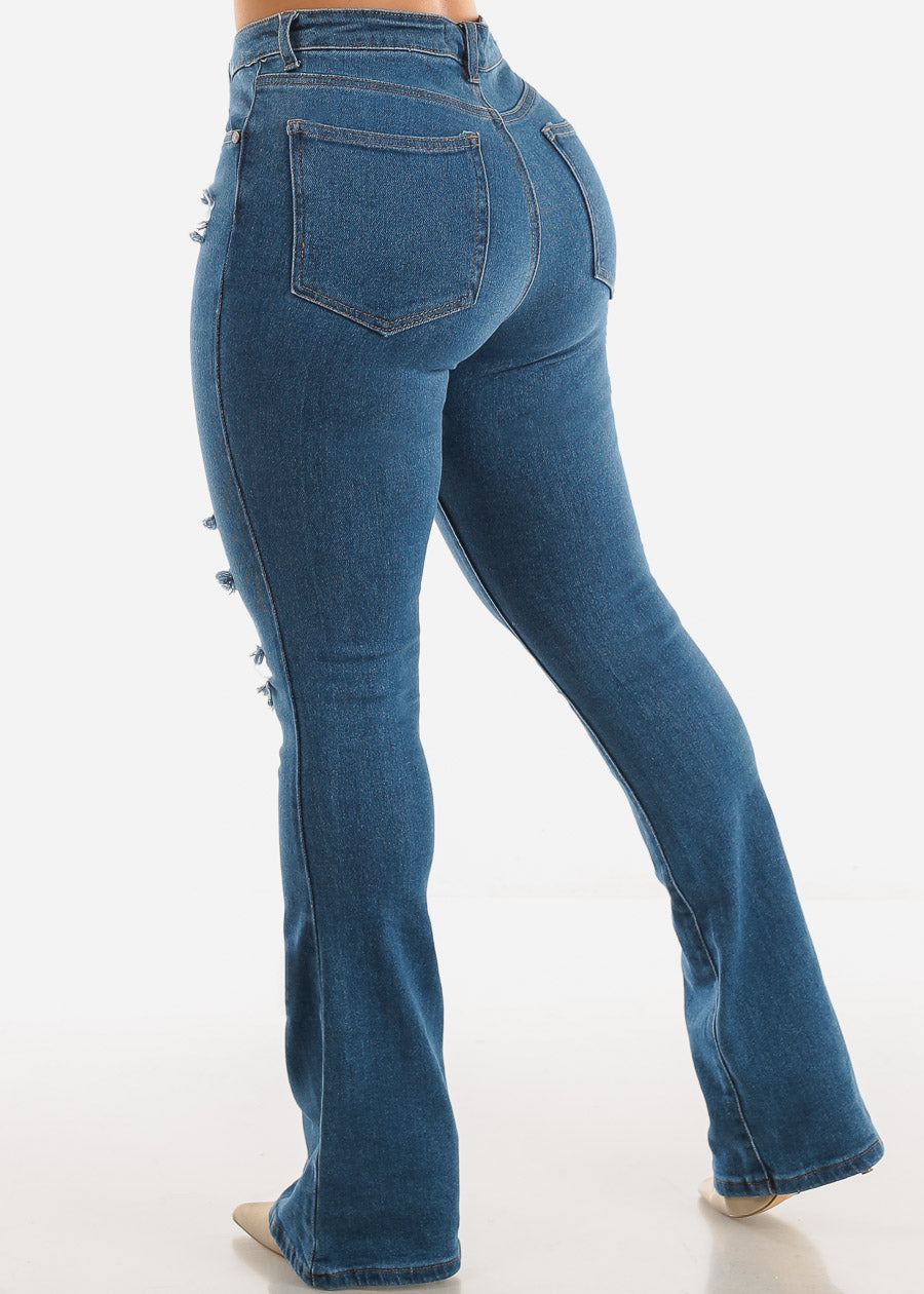 Distressed High Waisted Flared Jeans Med Blue
