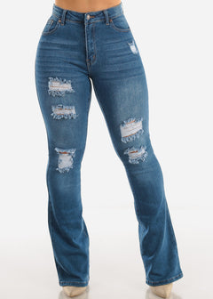Distressed High Waisted Flared Jeans Med Blue