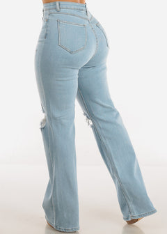 High Waist Ripped Wide Leg Straight Denim Jeans