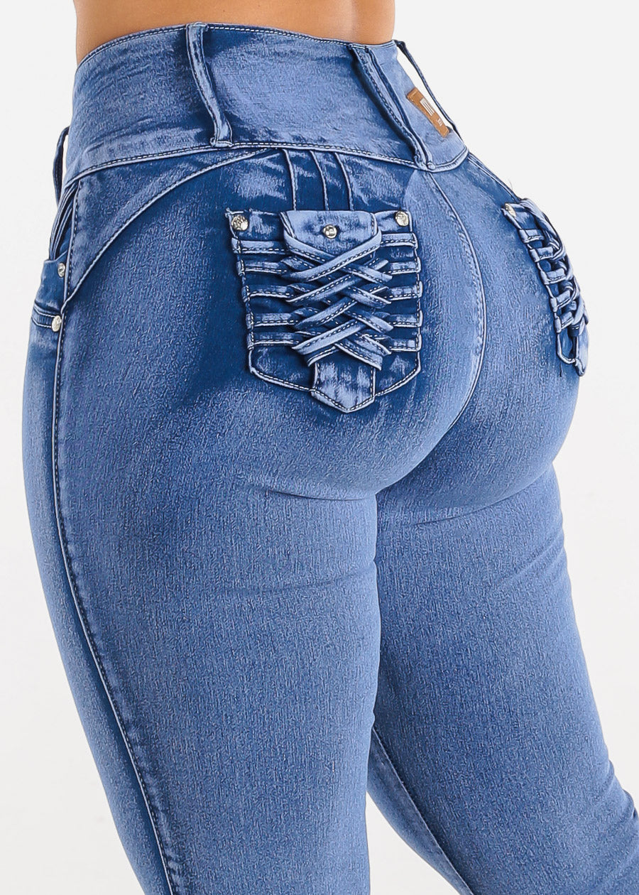 High Waisted Skinny Jeans - Butt Lifting Skinny Jeans - Blue Skinny Jeans –  Moda Xpress