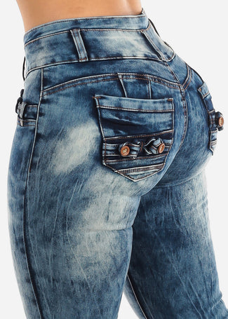Butt Lifting Mid Rise Acid Wash Skinny Jeans
