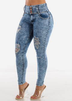 High Waisted Acid Wash Ripped Butt Lift Jeans