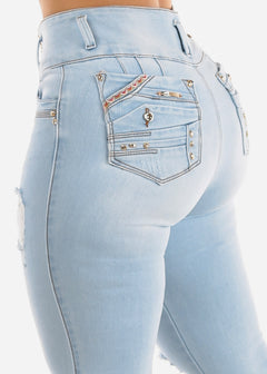 Butt Lifting Super High Waisted Distressed Light Skinny Jeans