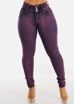 High Waist Butt Lift Purple Skinny Jeans w Rhinestones Pockets