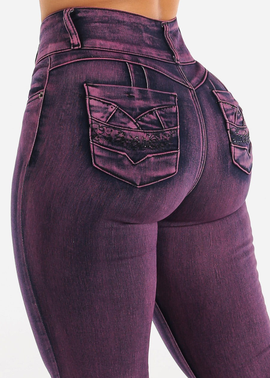 High Waist Butt Lift Purple Skinny Jeans w Rhinestones Pockets