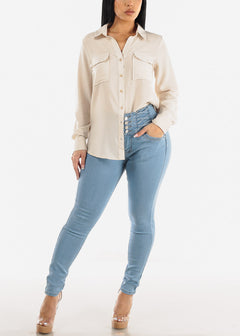 Super High Waist Levantacola Light Blue Skinny Jeans w Lace Design