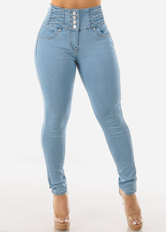 Super High Waist Levantacola Light Blue Skinny Jeans w Lace Design