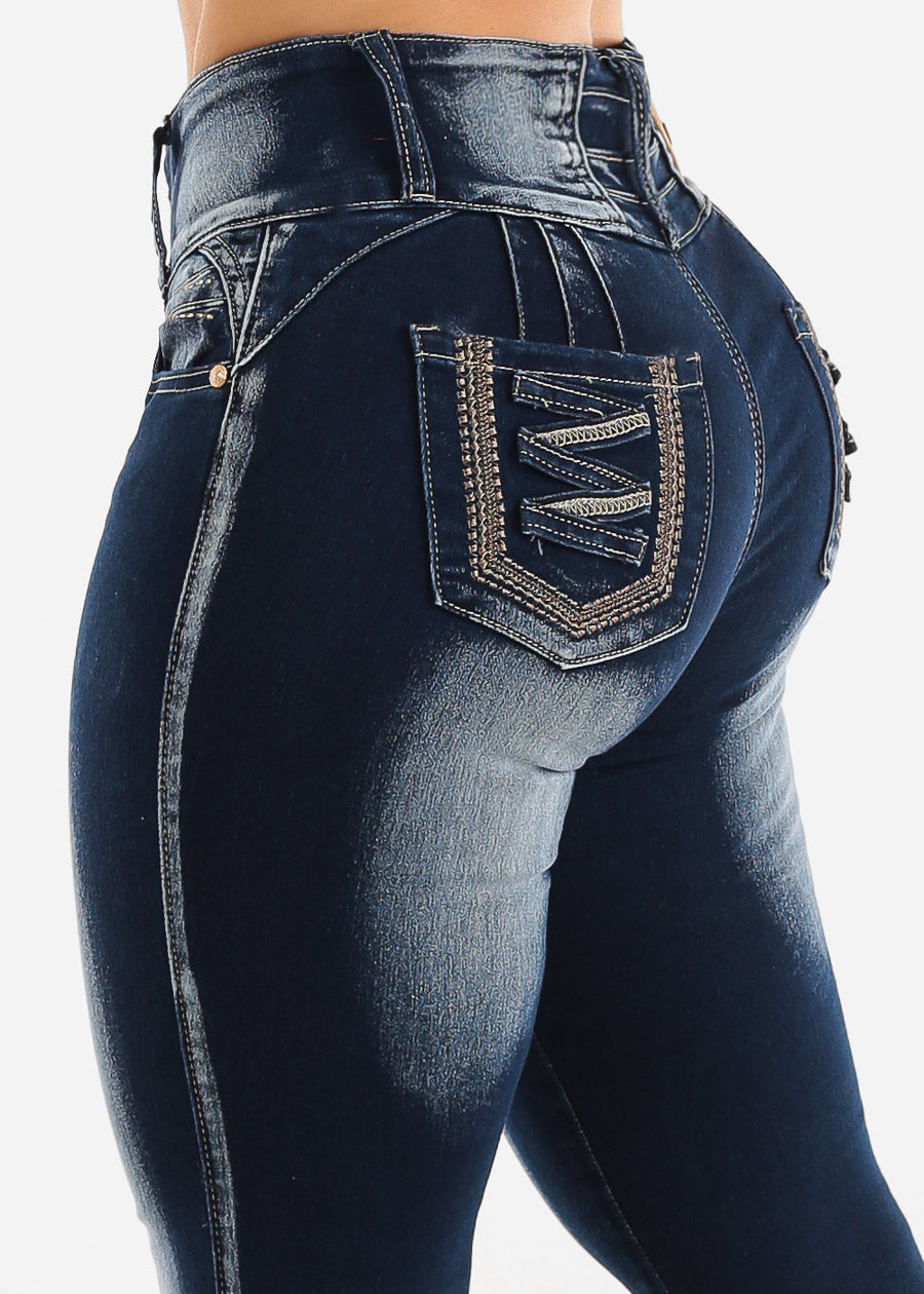 Womens Juniors Levanta Cola Skinny Jeans - Dark Blue Denim Pants - Booty  Lifting Low Rise Jeans 10174O