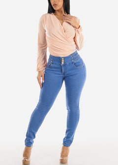 Super High Waisted Butt Lifting Skinny Jeans Blue Wash
