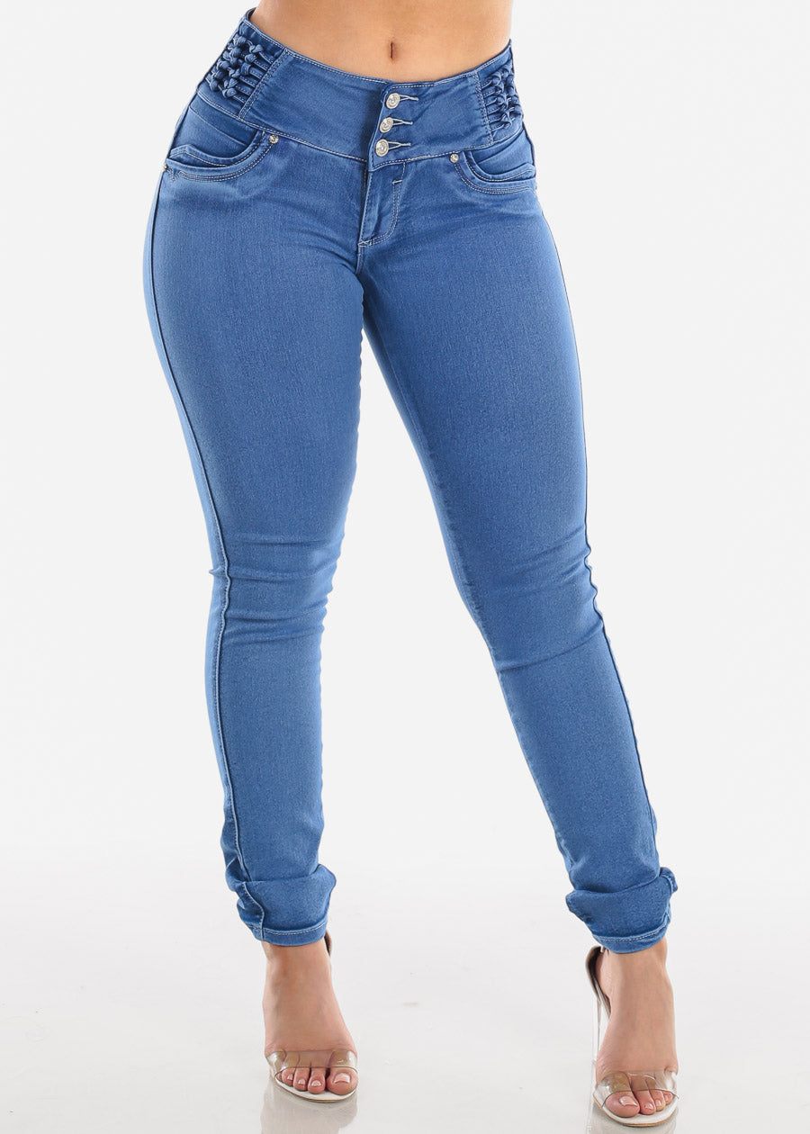 Sexy Butt Lifting Levanta Cola Colombian Design Mid Rise 3 Button Med Wash Skinny Jeans For Women Ladies Junior