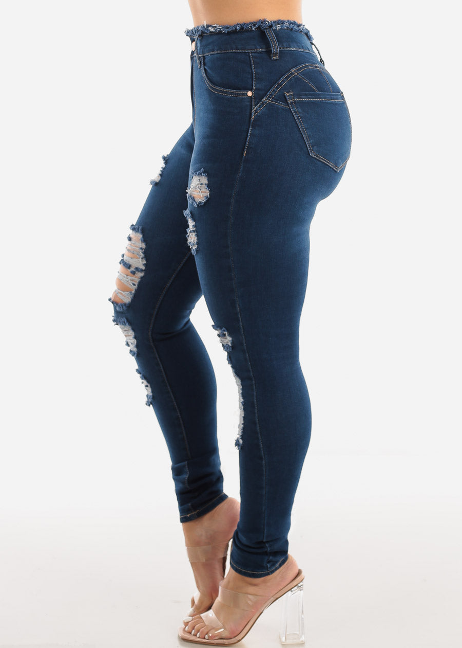 Super High Waist Butt Lift Ripped Dark Skinny Jeans