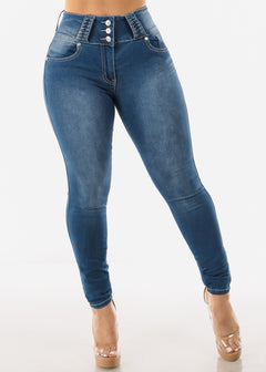 High Waisted Med Wash Butt Lifting Skinny Jeans