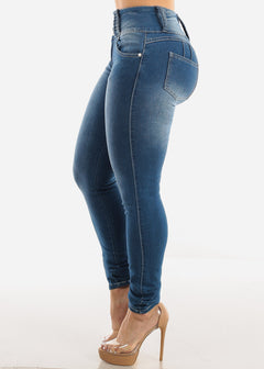 High Waisted Med Wash Butt Lifting Skinny Jeans