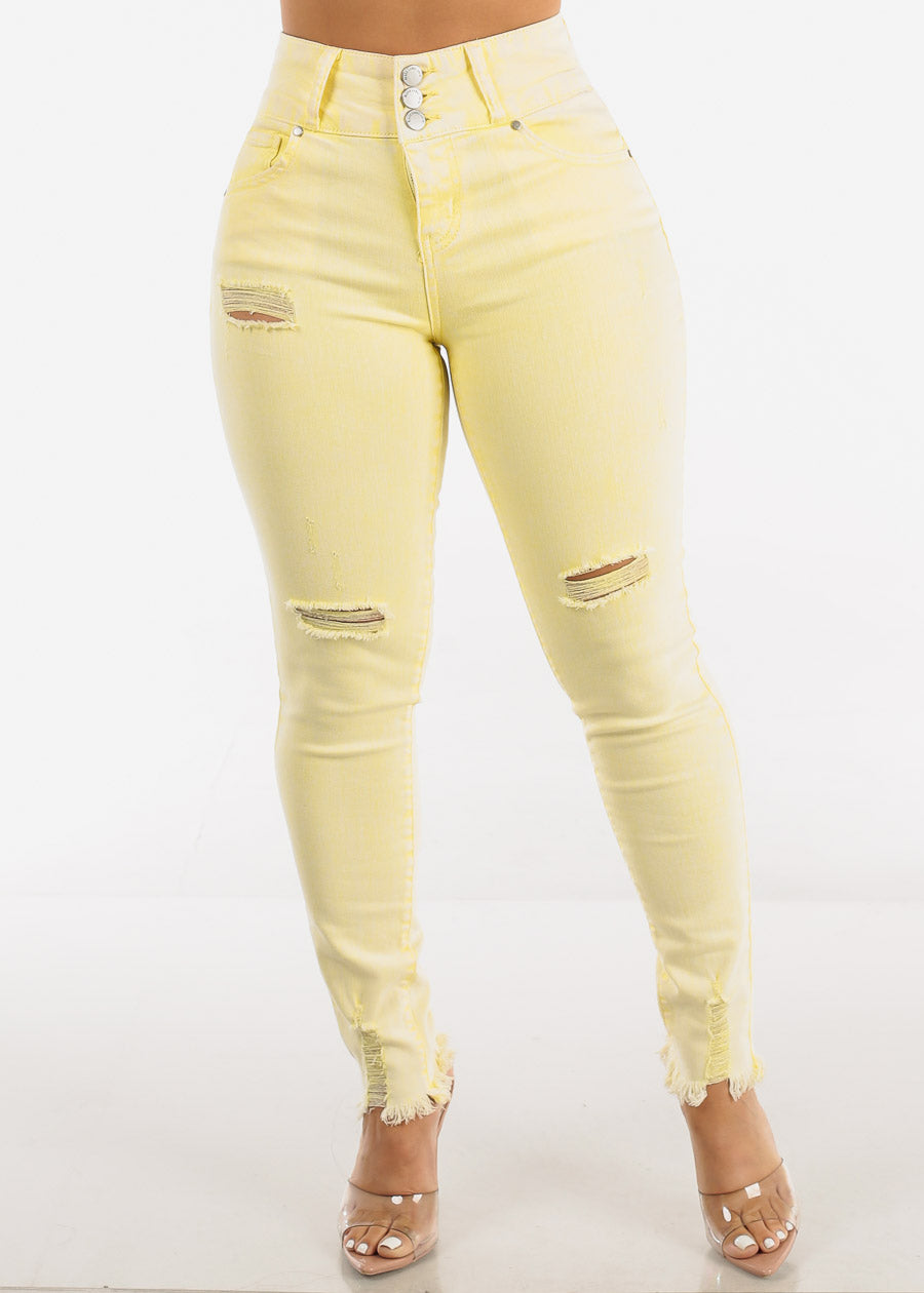Butt Lifting Acid Wash Distressed Skinny Jeans Yellow