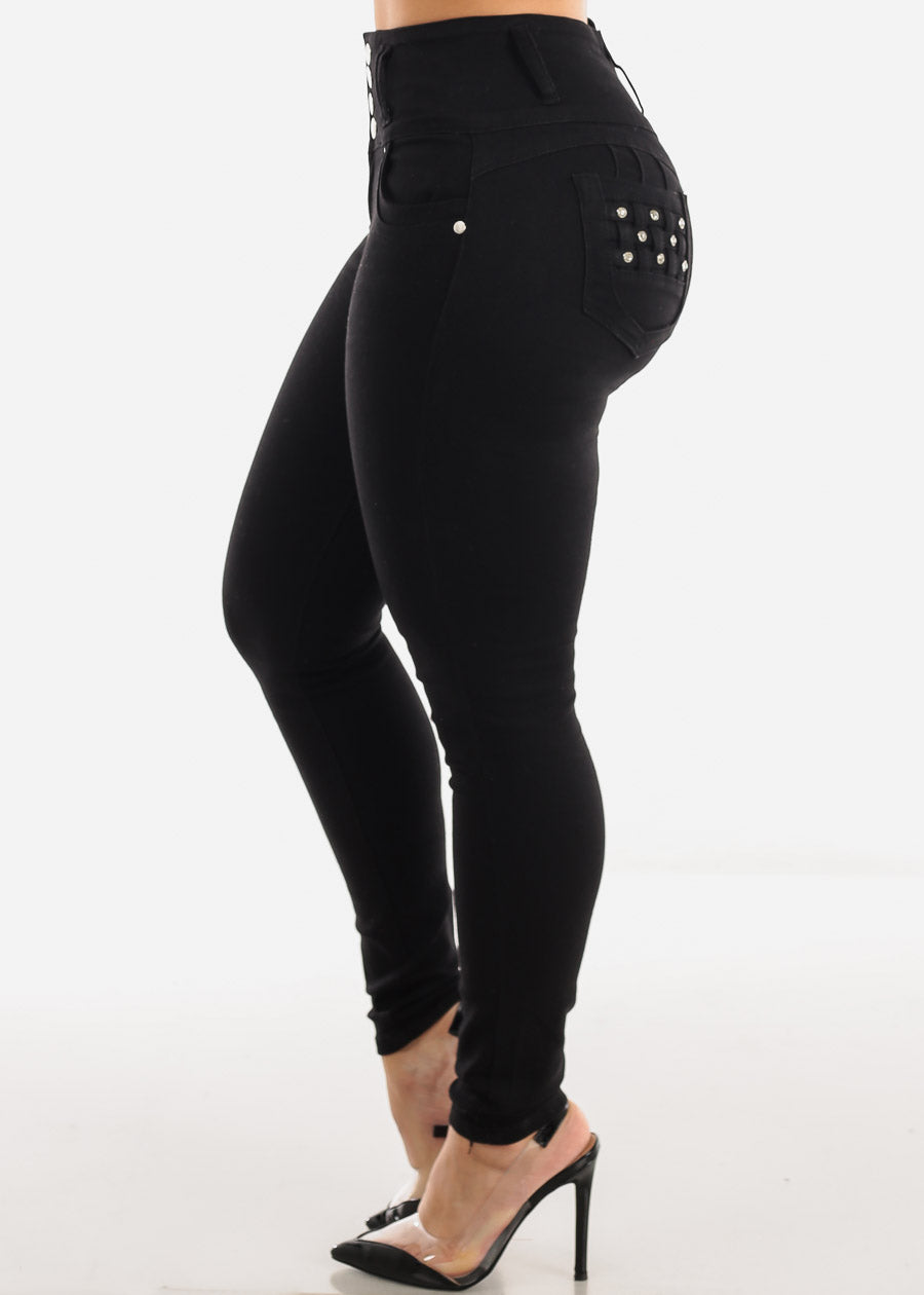 Black High Waist Butt Lifting Skinny Jeans w Pocket Design