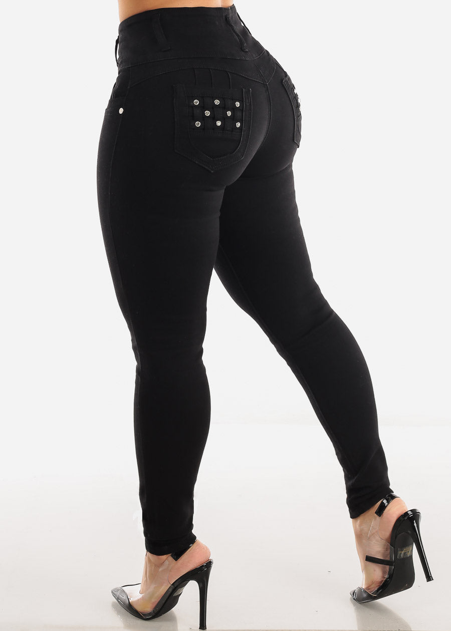 Black High Waist Butt Lifting Skinny Jeans w Pocket Design