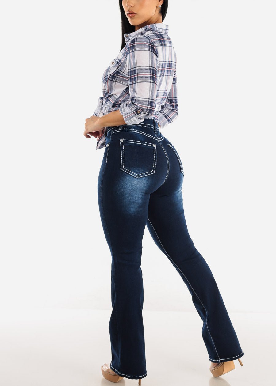 High Waisted Butt Lifting Bootcut Jeans Dark Blue