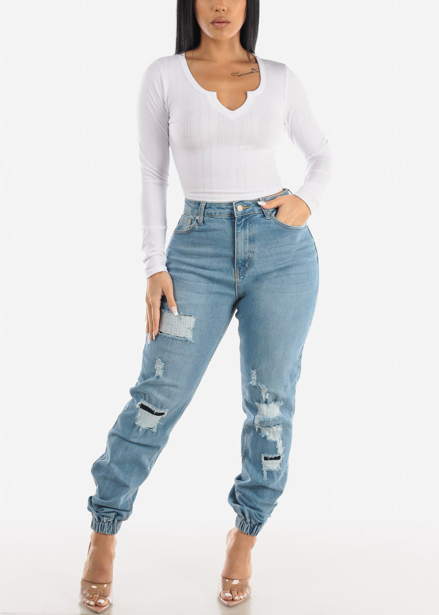 High Waisted Patched Denim Joggers Light Blue